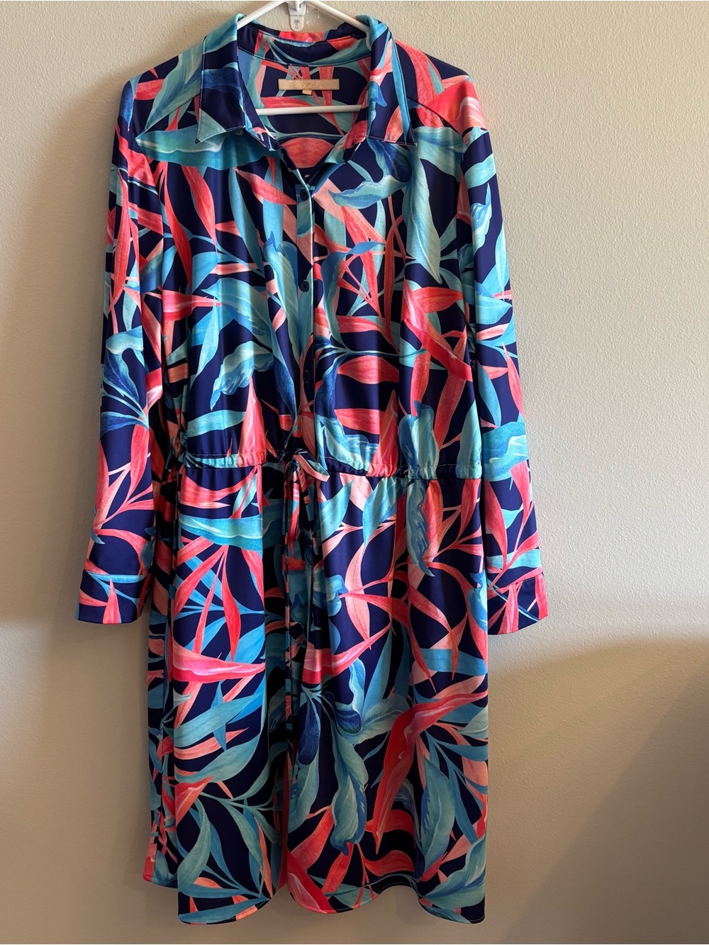 Hutch midi shirt dress blue coral floral tropical collared neckline long sleeves
